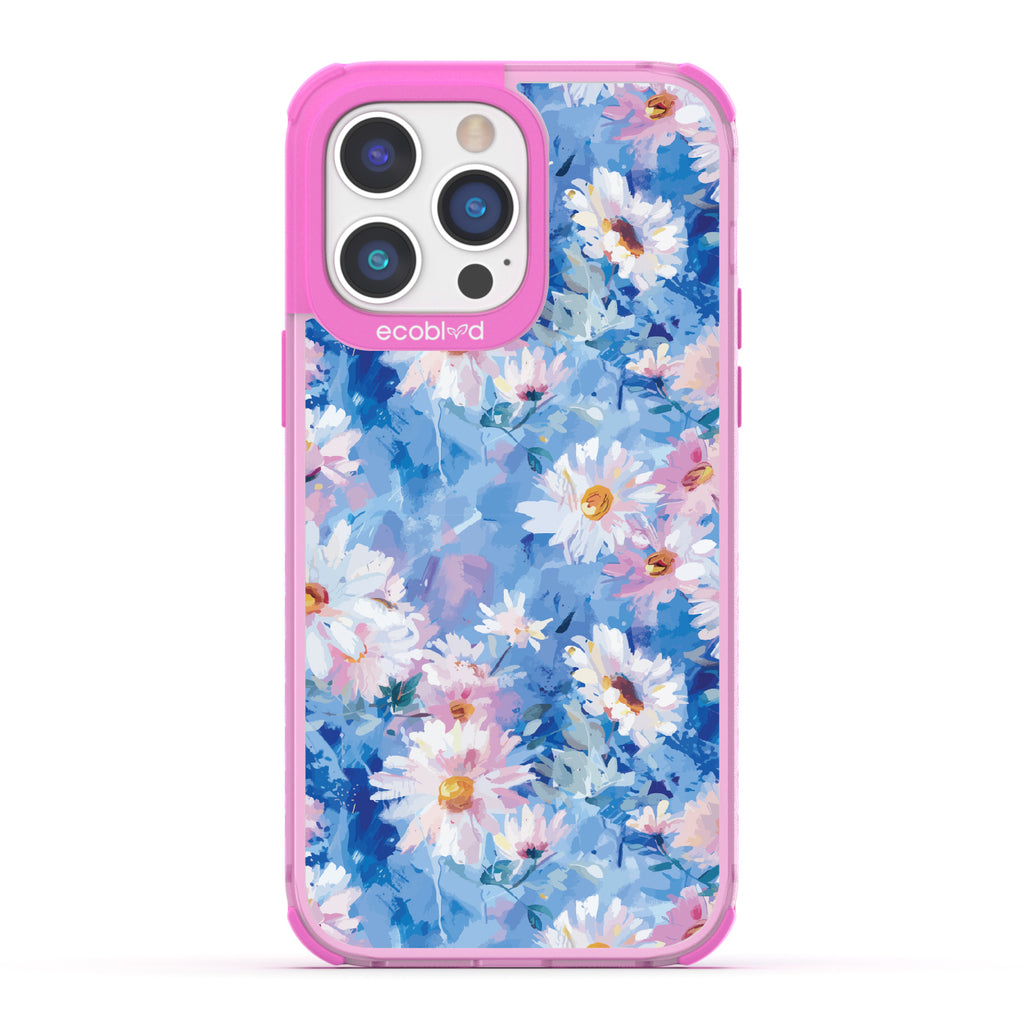 iPhone 14 Pro Max case, clear eco-friendly phone case with pink ridges, back view, Blown Away design