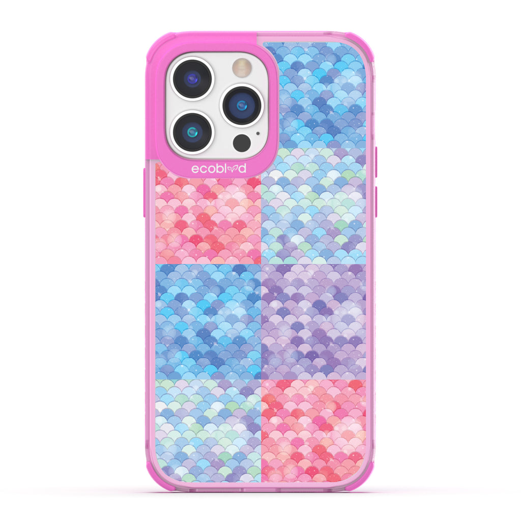 iPhone 14 Pro Max case, clear eco-friendly phone case with pink ridges, back view, Mermaid design