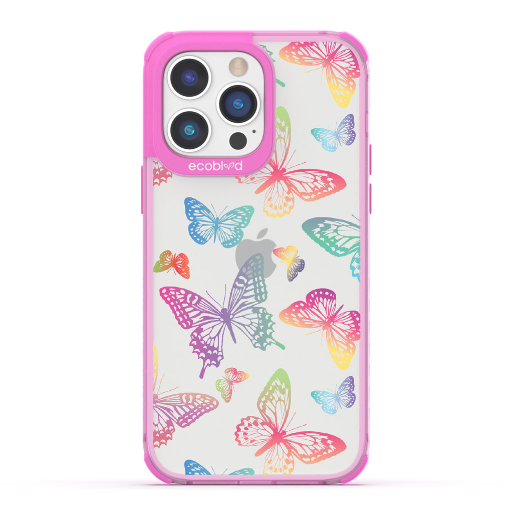 Butterfly Effect - Pink Eco-Friendly iPhone 14 Pro Max Case With Multi-Colored Neon Butterflies On A Clear Back