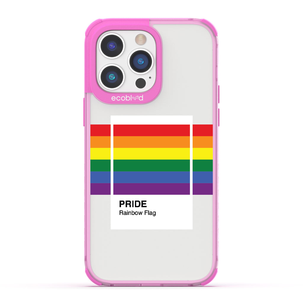 Colors Of Unity - Pink Eco-Friendly iPhone 14 Pro Case With Pride Rainbow Flag As Pantone Swatch On A Clear Back
