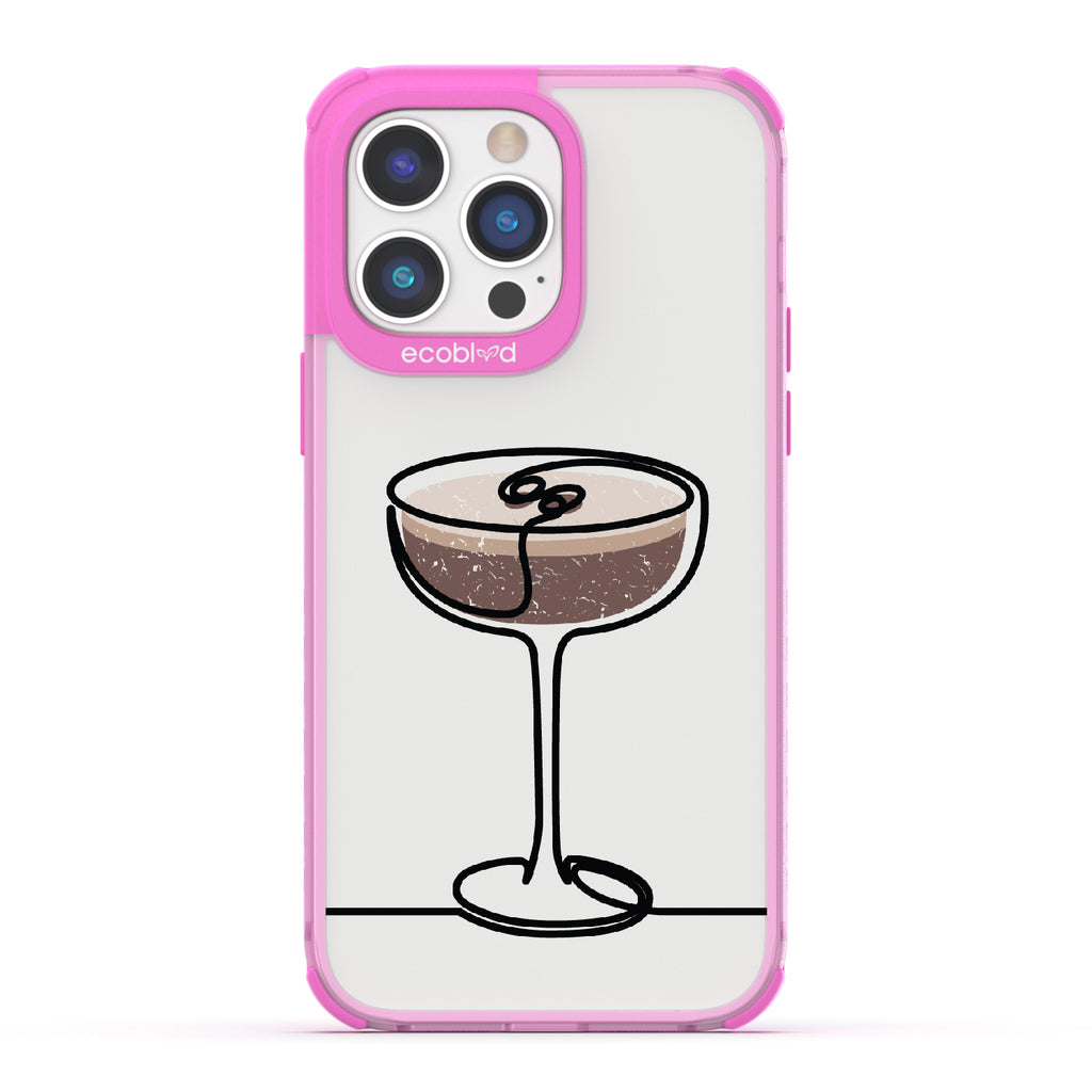iPhone 14 Pro Max case, clear eco-friendly phone case with pink ridges, back view, Brewtini design
