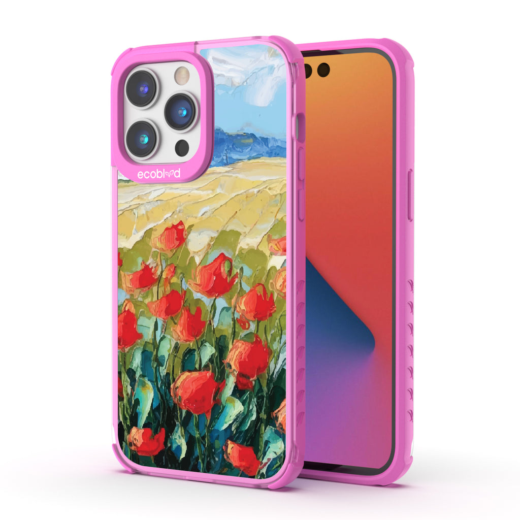 Front and back view of iPhone 14 Pro Max case, clear compostable phone case with pink ridges, Sleepy Bloom design
