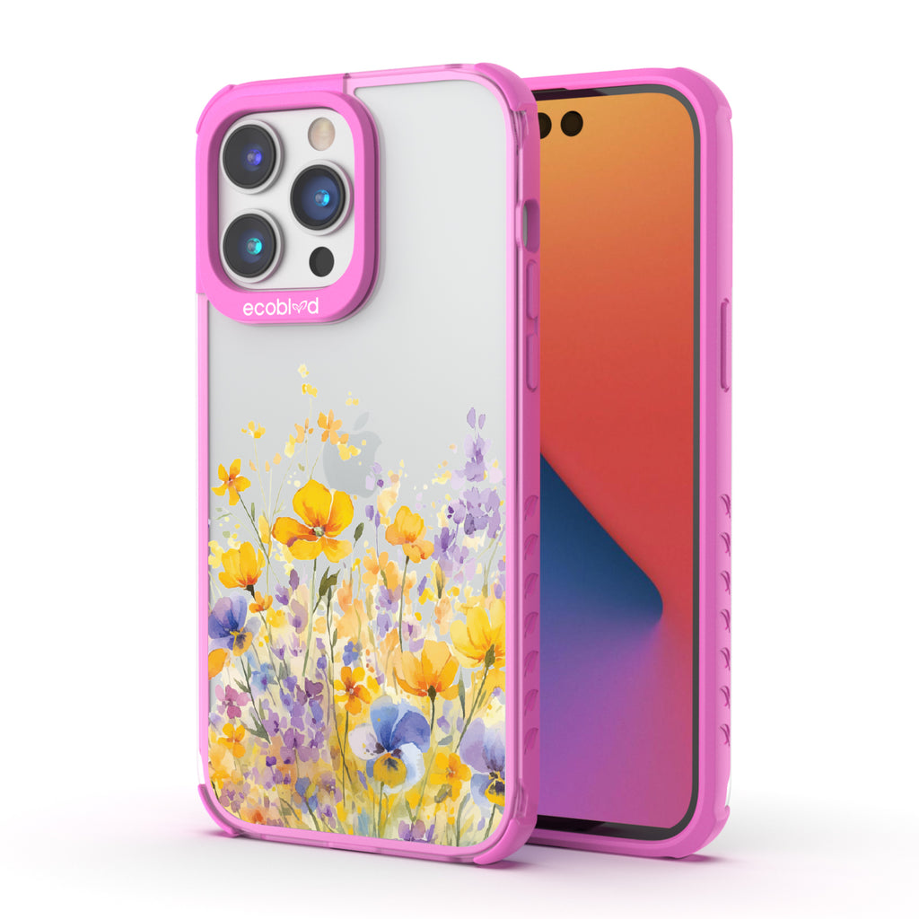 Front and back view of iPhone 14 Pro Max case, clear compostable phone case with pink ridges, Meadowlight design