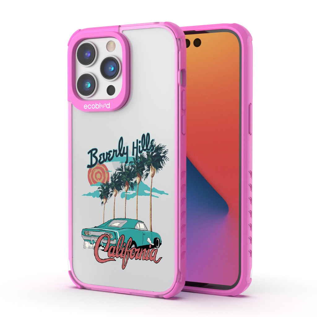 Front and back view of iPhone 14 Pro case, clear compostable phone case with pink ridges, 90210 design