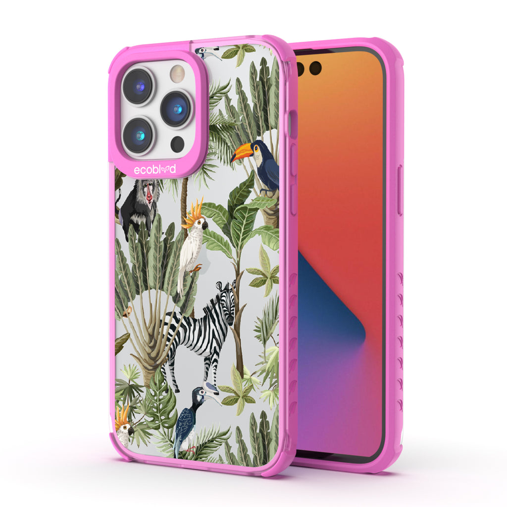 Toucan Play That Game - Back View Of Pink & Clear Eco-Friendly iPhone 14 Pro Case & A Front View Of The Screen