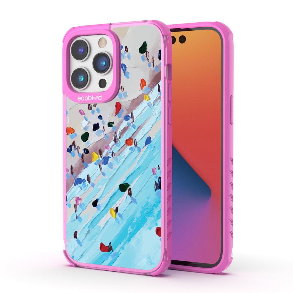 Front and back view of iPhone 14 Pro Max case, clear compostable phone case with pink ridges, Waves of Color design