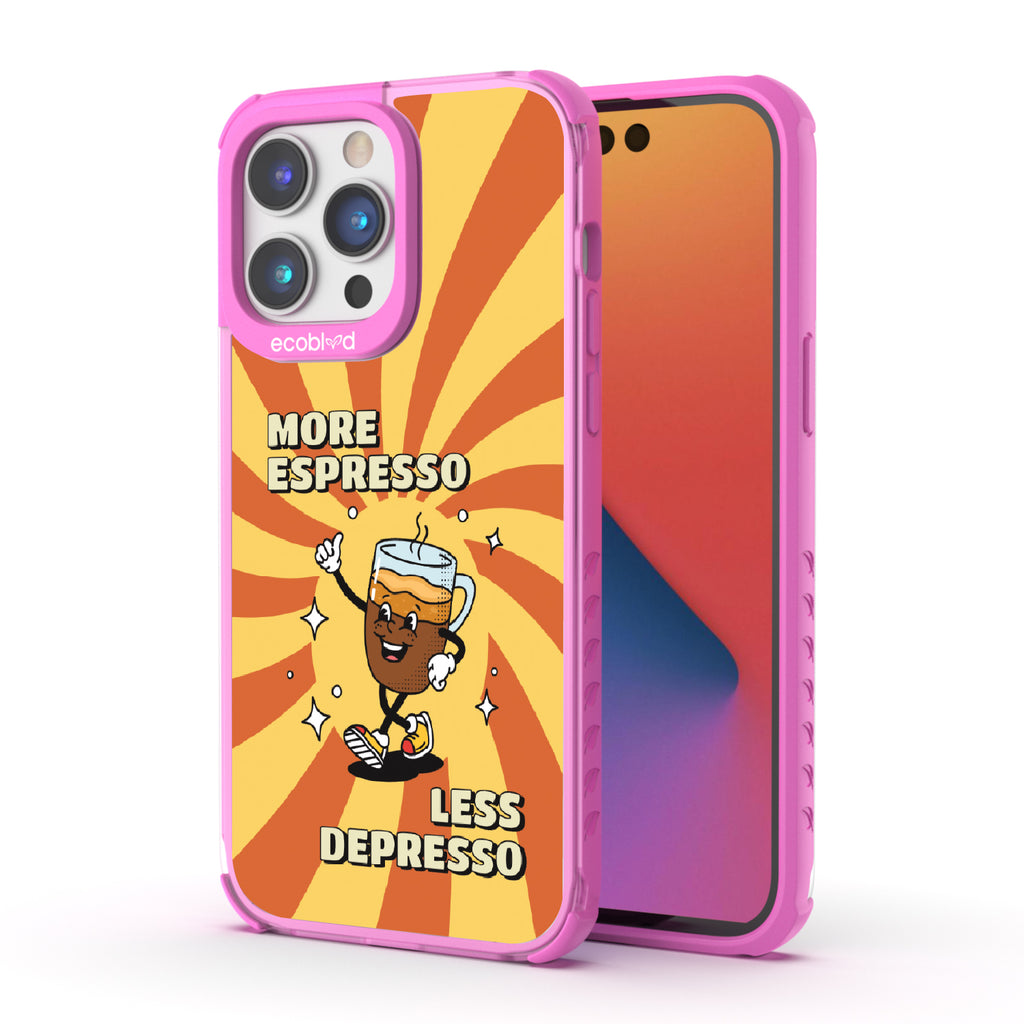 Front and back view of iPhone 14 Pro Max case, clear compostable phone case with pink ridges, More Espresso  design