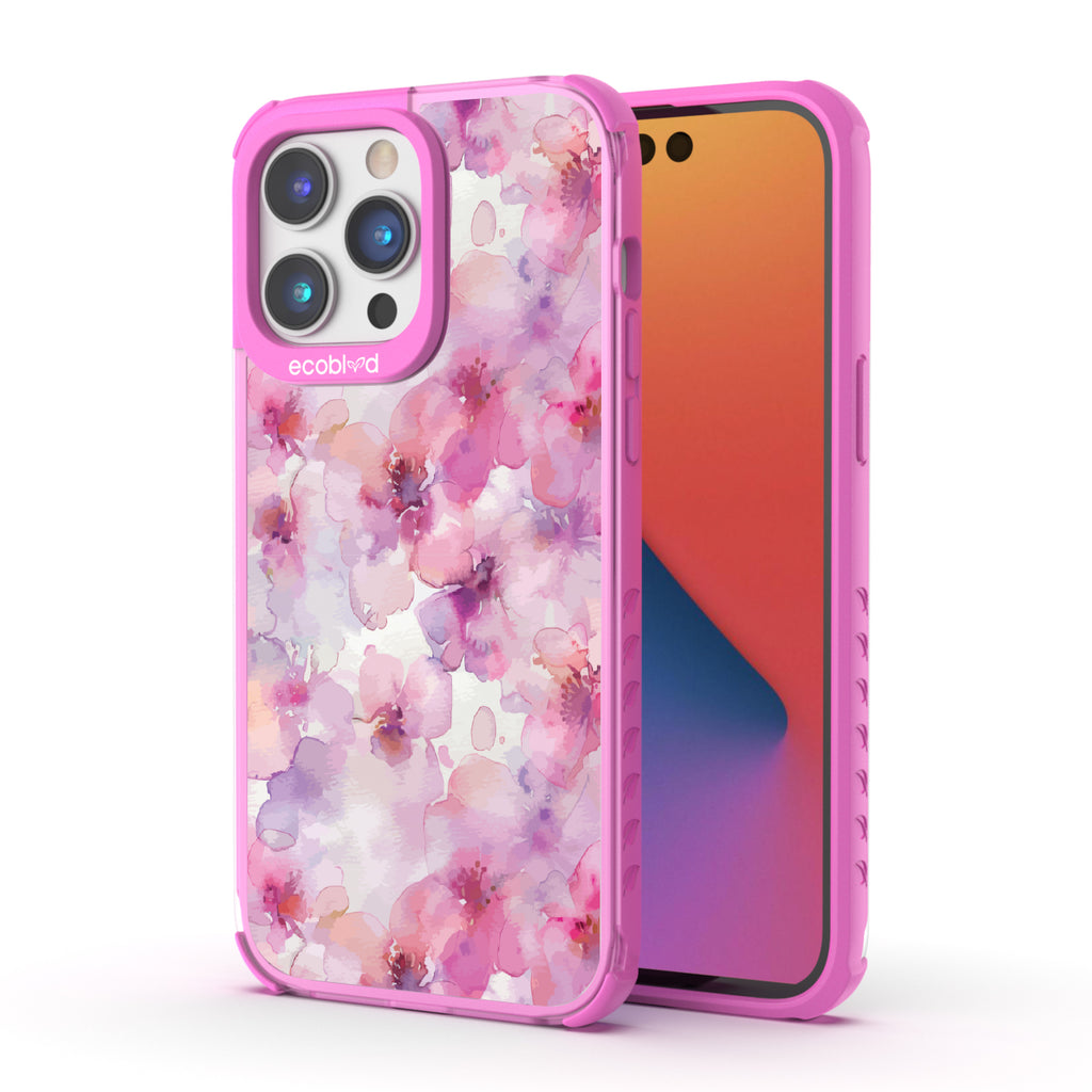 Front and back view of iPhone 14 Pro Max case, clear compostable phone case with pink ridges, Rosewater design