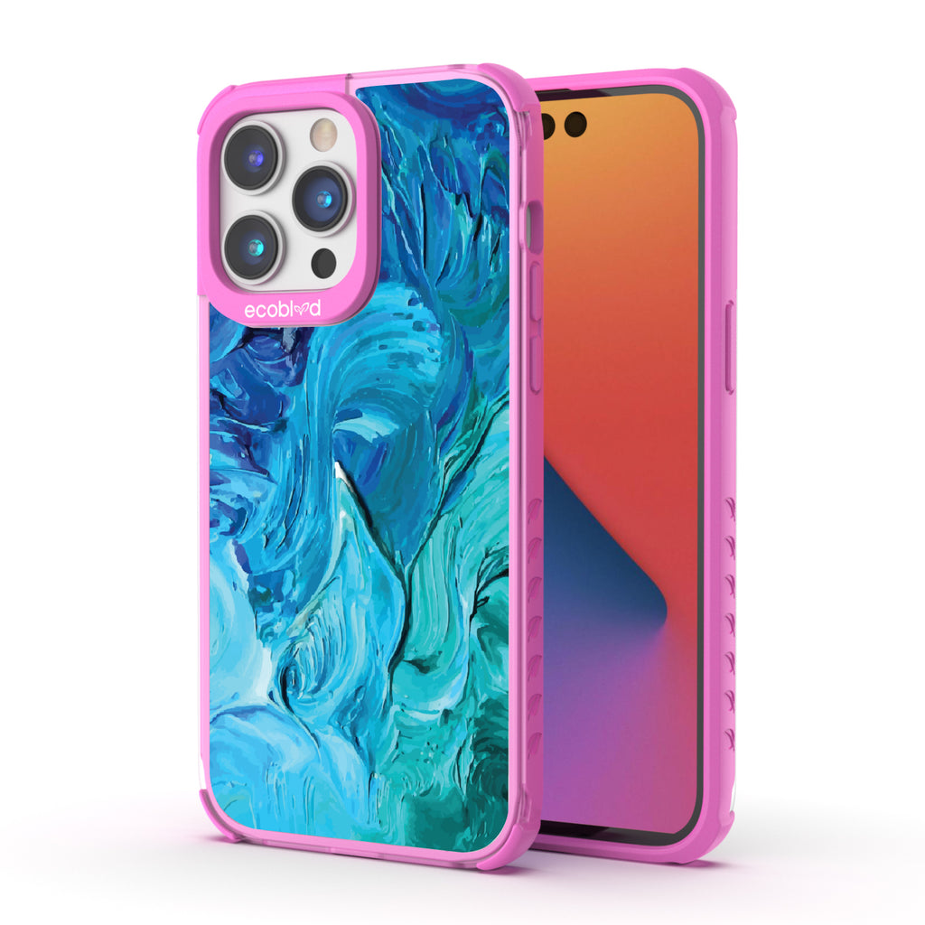 Front and back view of iPhone 14 Pro Max case, clear compostable phone case with pink ridges, Oceanswept design