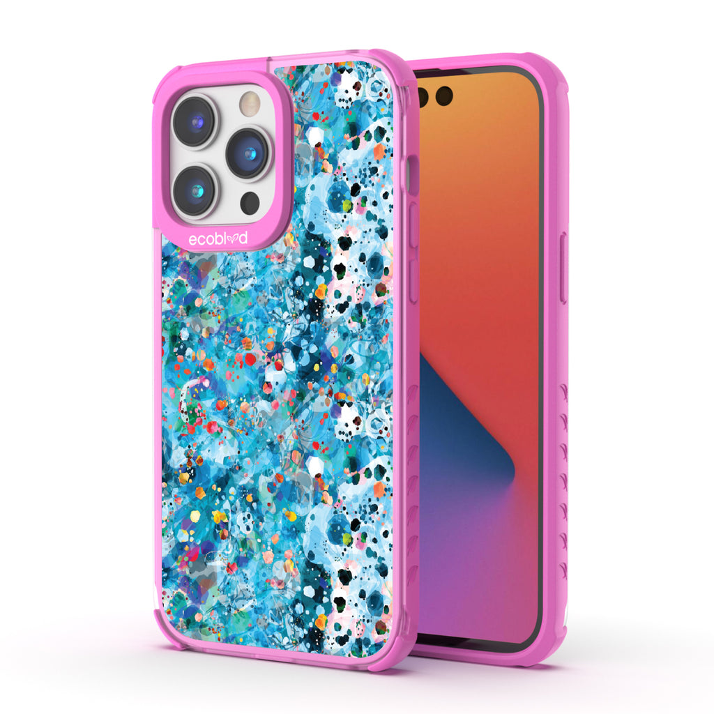 Front and back view of iPhone 14 Plro Max case, clear compostable phone case with pink ridges, Brushed By The Tide design