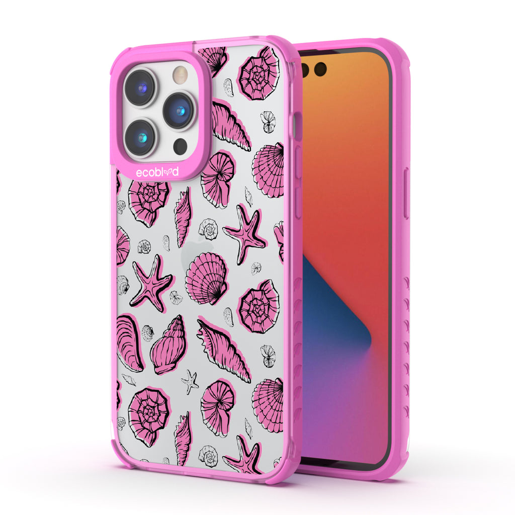 Seashells Seashore - Back View Of Pink & Clear Eco-Friendly iPhone 14 Pro Max Case & A Front View Of The Screen