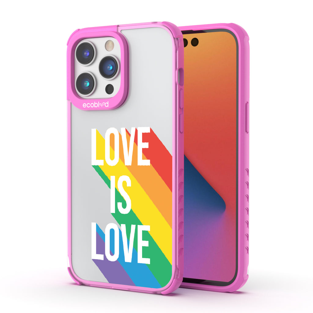 Spectrum Of Love - Back View Of Pink & Clear Eco-Friendly iPhone 14 Pro Case & A Front View Of The Screen