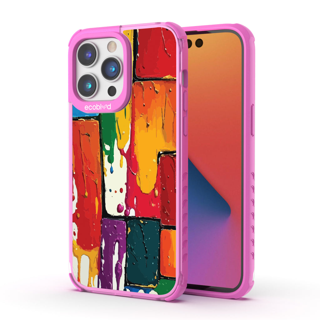 Front and back view of iPhone 14 Pro case, clear compostable phone case with pink ridges, Color Me Mine design