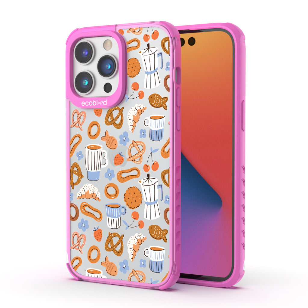 Front and back view of iPhone 14 Pro Max case, clear compostable phone case with pink ridges, The Breakfast Club design