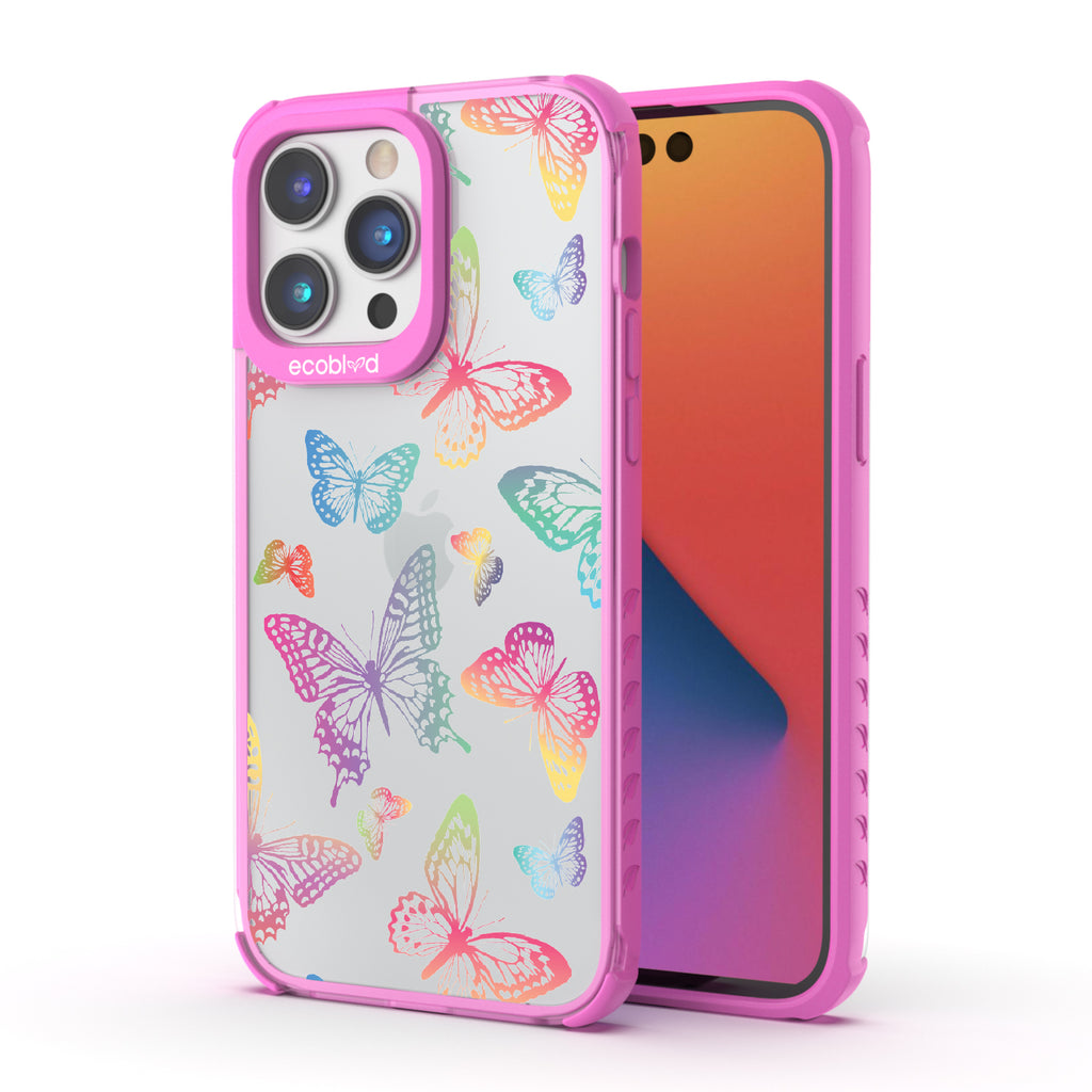 Butterfly Effect - Back View Of Pink & Clear Eco-Friendly iPhone 14 Pro Max Case & A Front View Of The Screen