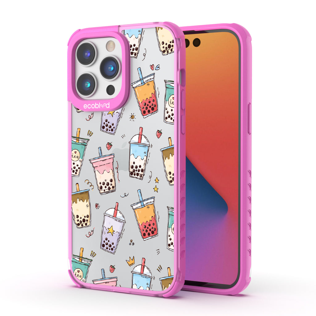 Front and back view of iPhone 14 Pro Max case, clear compostable phone case with pink ridges, Best-Teas design
