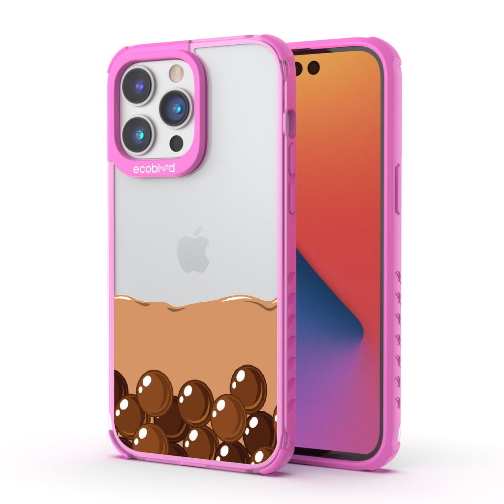 Front and back view of iPhone 14 Pro Max case, clear compostable phone case with pink ridges, Brown Sugar Boba design