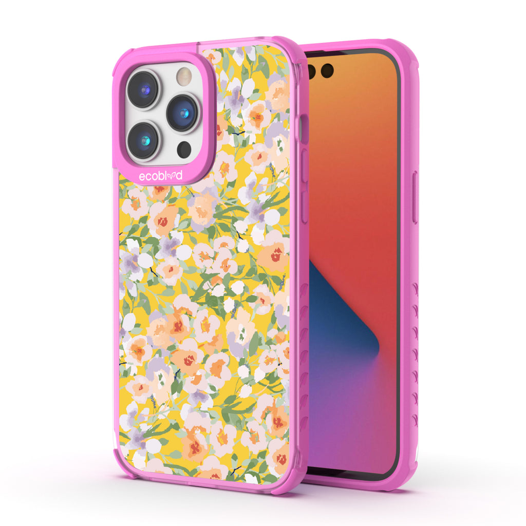 Front and back view of iPhone 14 Pro Max case, clear compostable phone case with pink ridges, Flourish & Shine design