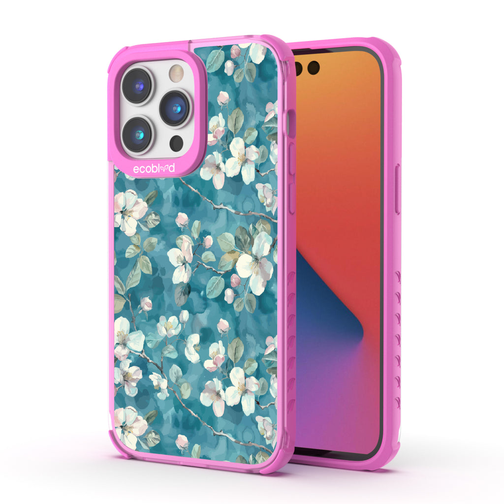 Front and back view of iPhone 14 Pro case, clear compostable phone case with pink ridges, Sway & Sprout design