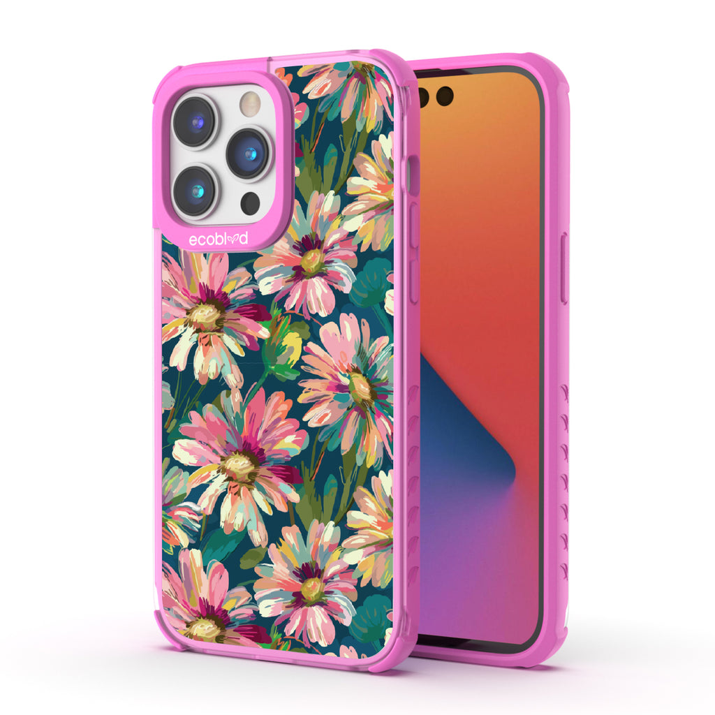 Front and back view of iPhone 14 Pro Max case, clear compostable phone case with pink ridges, Daisy Dusk design