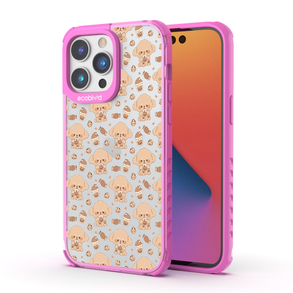 Front and back view of iPhone 14 Pro case, clear compostable phone case with pink ridges, Pupaccino design