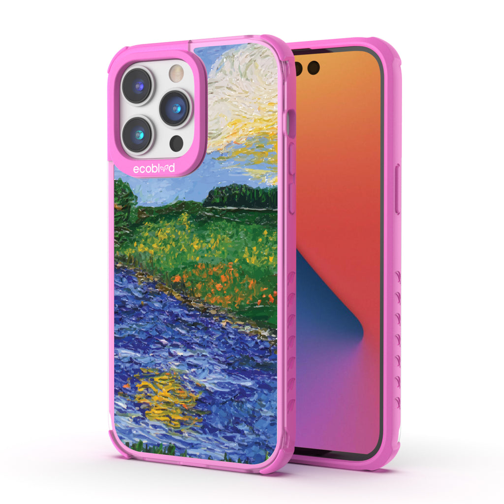 Front and back view of iPhone 14 Pro Max case, clear compostable phone case with pink ridges, Field of Vision design