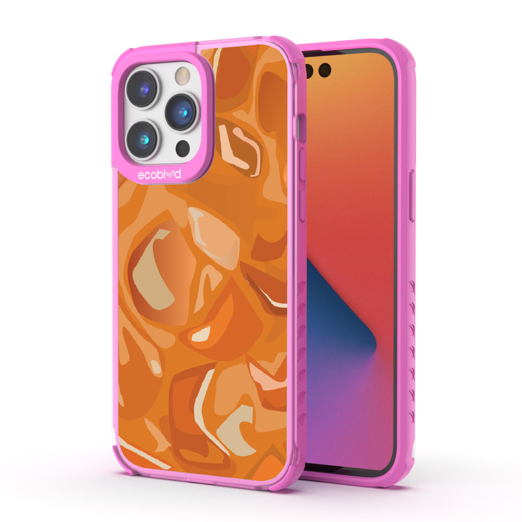 Front and back view of iPhone 14 Pro Max case, clear compostable phone case with pink ridges, Cream & Sugar design