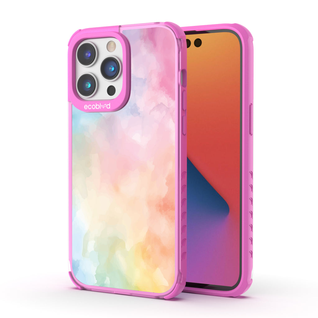 Front and back view of iPhone 14 Pro Max case, clear compostable phone case with pink ridges, Painted Skies design