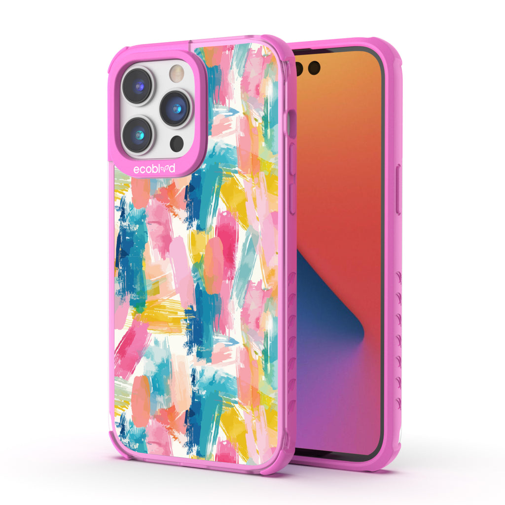 Front and back view of iPhone 14 Pro Max case, clear compostable phone case with pink ridges, Blurred Beauty design