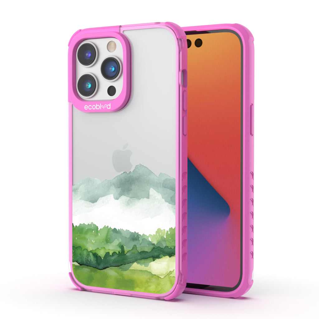 Front and back view of iPhone 14 Pro case, clear compostable phone case with pink ridges, Open Horizon design