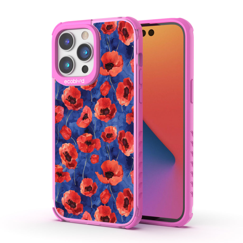 Front and back view of iPhone 14 Pro case, clear compostable phone case with pink ridges, Dream Bouquet design