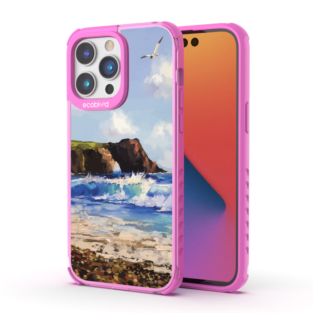 Front and back view of iPhone 14 Pro Max case, clear compostable phone case with pink ridges, Cliffhanger design