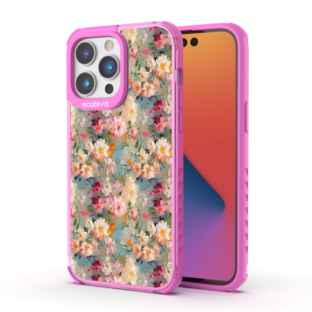 Front and back view of iPhone 14 Pro Max case, clear compostable phone case with pink ridges, Perennial design