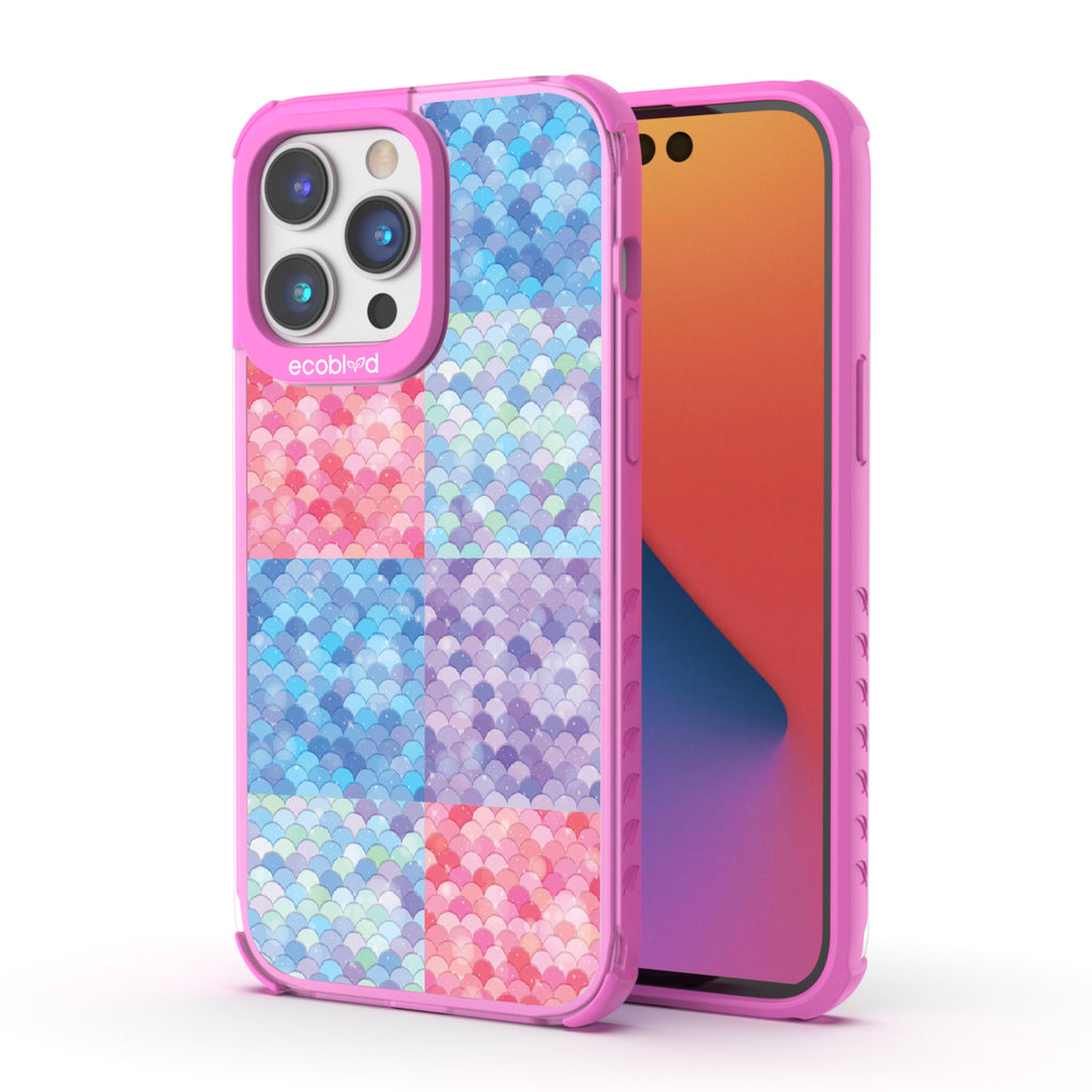 Front and back view of iPhone 14 Pro Max case, clear compostable phone case with pink ridges, Coastal Treasures design