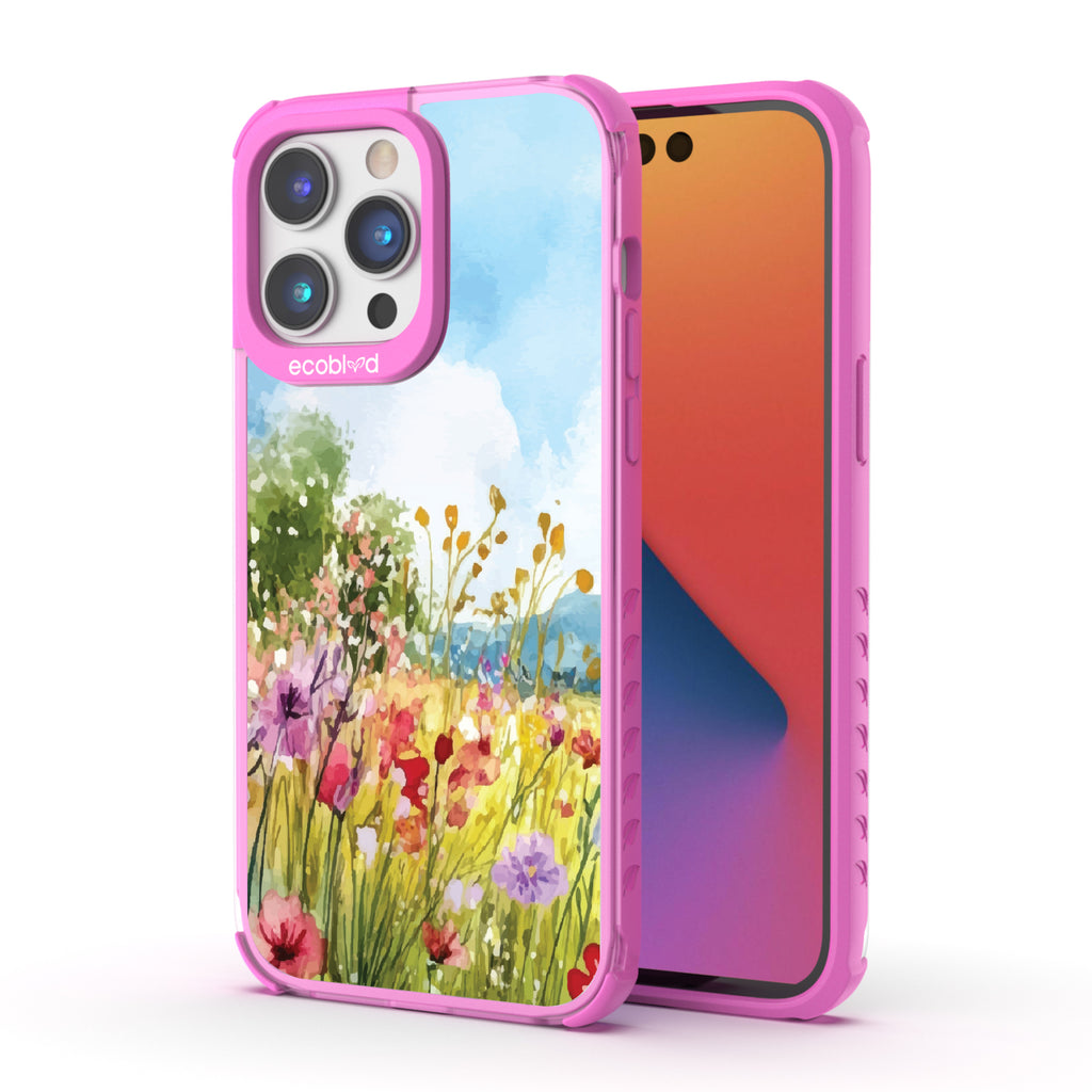 Front and back view of iPhone 14 Pro Max case, clear compostable phone case with pink ridges, Everwild design
