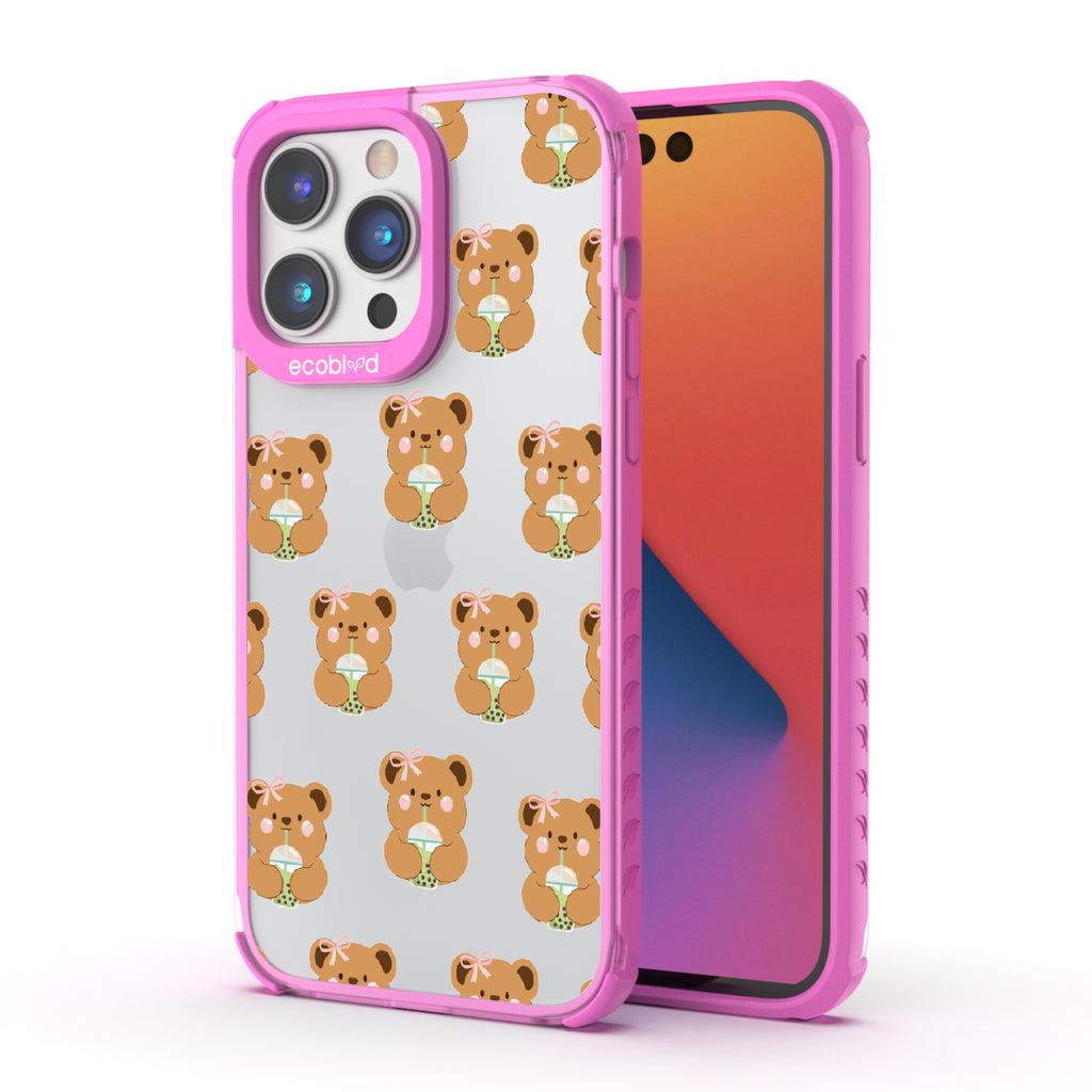 Front and back view of iPhone 14 Pro case, clear compostable phone case with pink ridges, Bear-ista Approved design