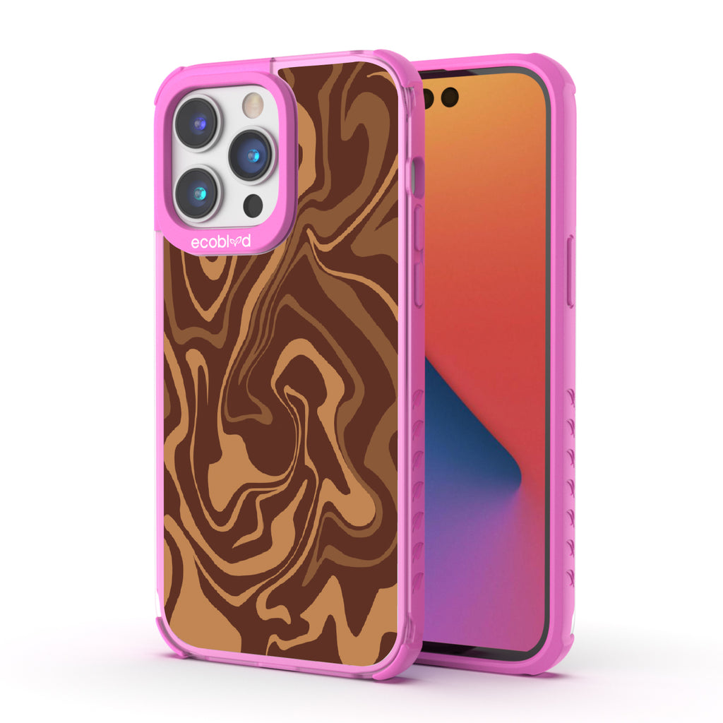 Front and back view of iPhone 14 Pro Max case, clear compostable phone case with pink ridges, Stirred & Swirled design