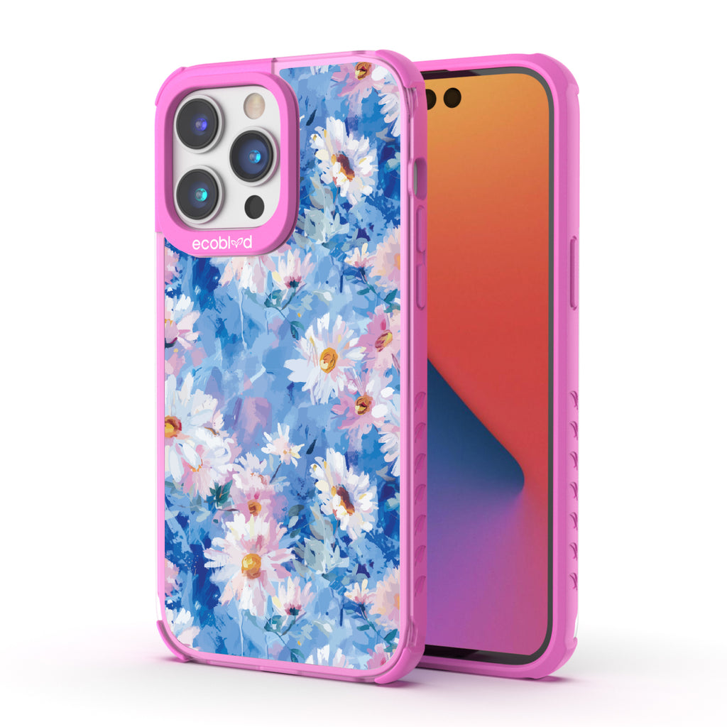 Front and back view of iPhone 14 Pro Max case, clear compostable phone case with pink ridges, Blown Away design
