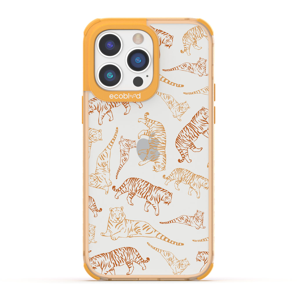 Tiger Pride - Yellow Eco-Friendly iPhone 14 Pro Max Case With Orange / Yellow Tiger Outlines On A Clear Back