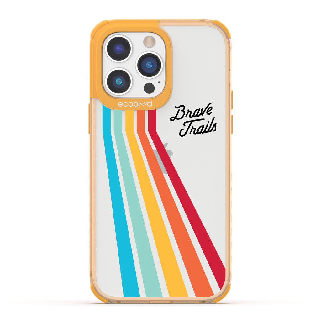 Trailblazer X Brave Trails - Yellow Eco-Friendly iPhone 14 Pro Case with Trails  In A Vibrant Spectrum Of Rainbow Colors On A Clear Back