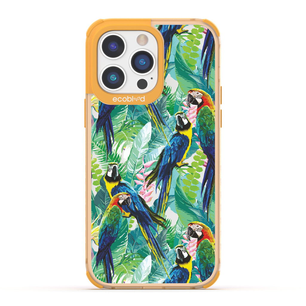 Macaw Medley - Yellow Eco-Friendly iPhone 14 Pro Max Case With Macaws & Tropical Leaves On A Clear Back