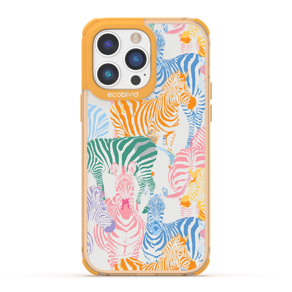 Colorful Herd - Yellow Eco-Friendly iPhone 14 Pro Max Case With Zebras in Multiple Colors On A Clear Back
