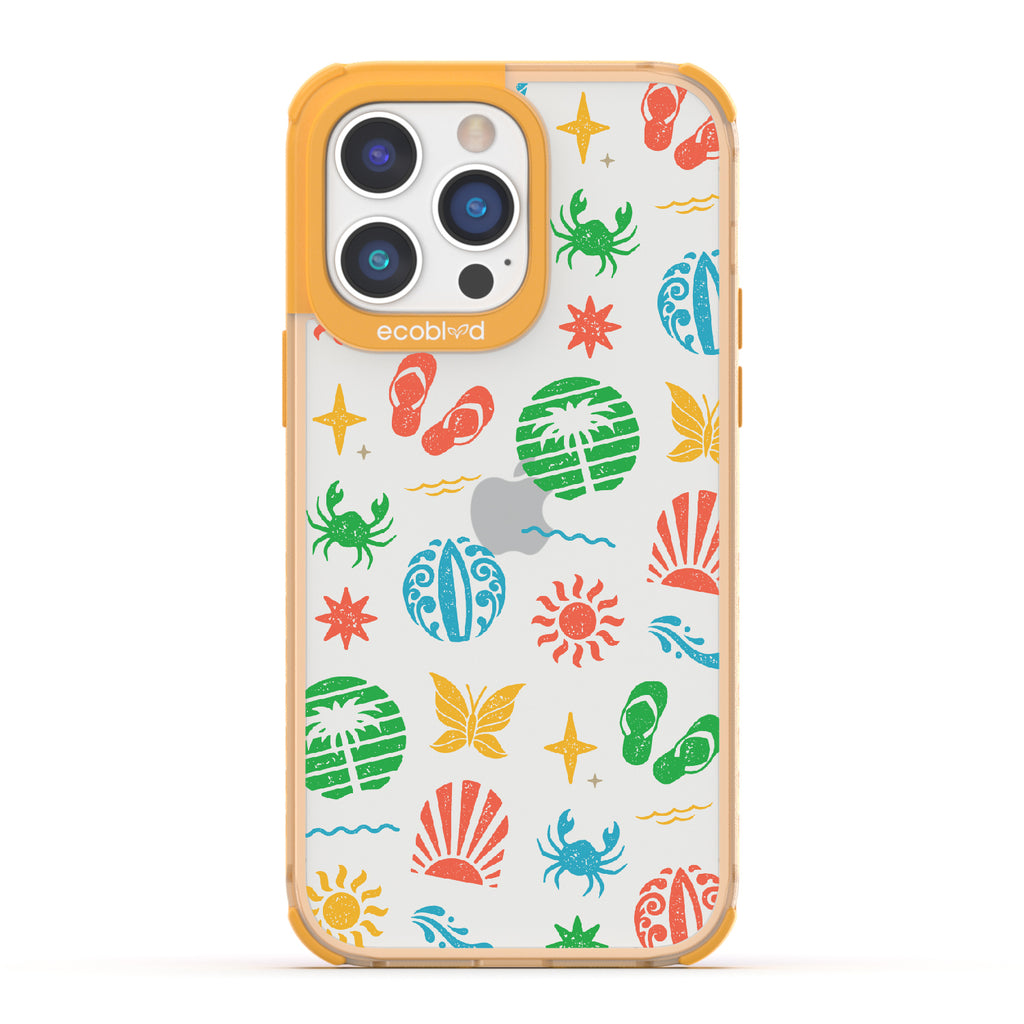 Island Time - Yellow Eco-Friendly iPhone 14 Pro Case With Surfboard Art Of Crabs, Sandals, Waves & More On A Clear Back