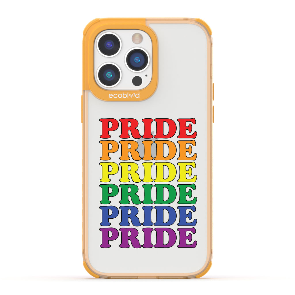 Pride Camp - Yellow Eco-Friendly iPhone 14 Pro Case With Pride Stacked In Multiple Rainbow Colors On A Clear Back