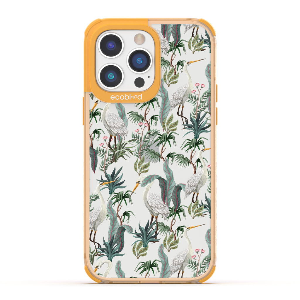Flock Together - Yellow Eco-Friendly iPhone 14 Pro Case With Herons & Peonies On A Clear Back