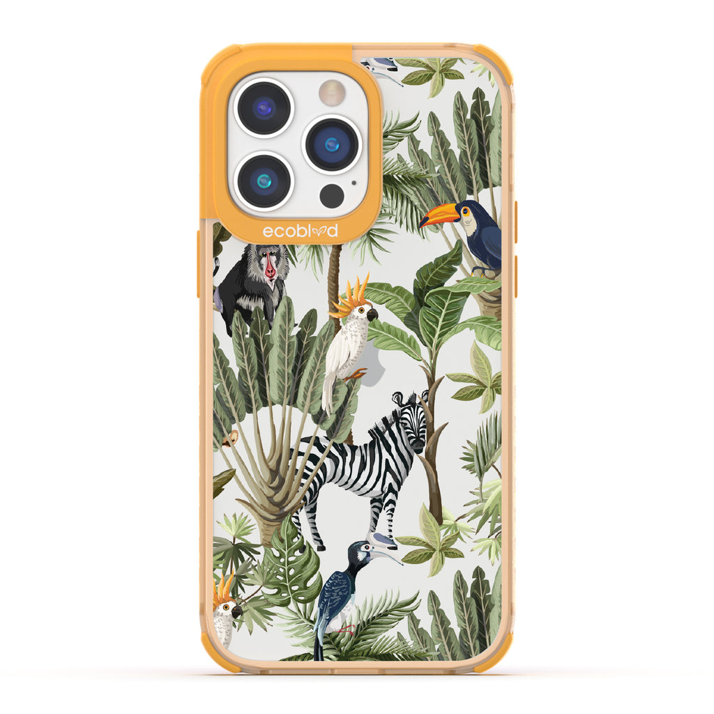 Toucan Play That Game - Yellow Eco-Friendly iPhone 14 Pro Case With Jungle Fauna, Toucan, Zebra & More On A Clear Back