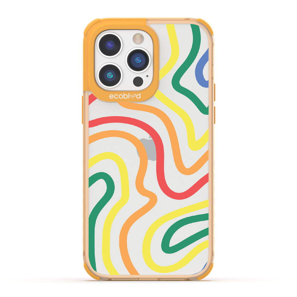 True Colors - Yellow Eco-Friendly iPhone 14 Pro Case With Abstract Lines In Different Colors Of The Rainbow On A Clear Back