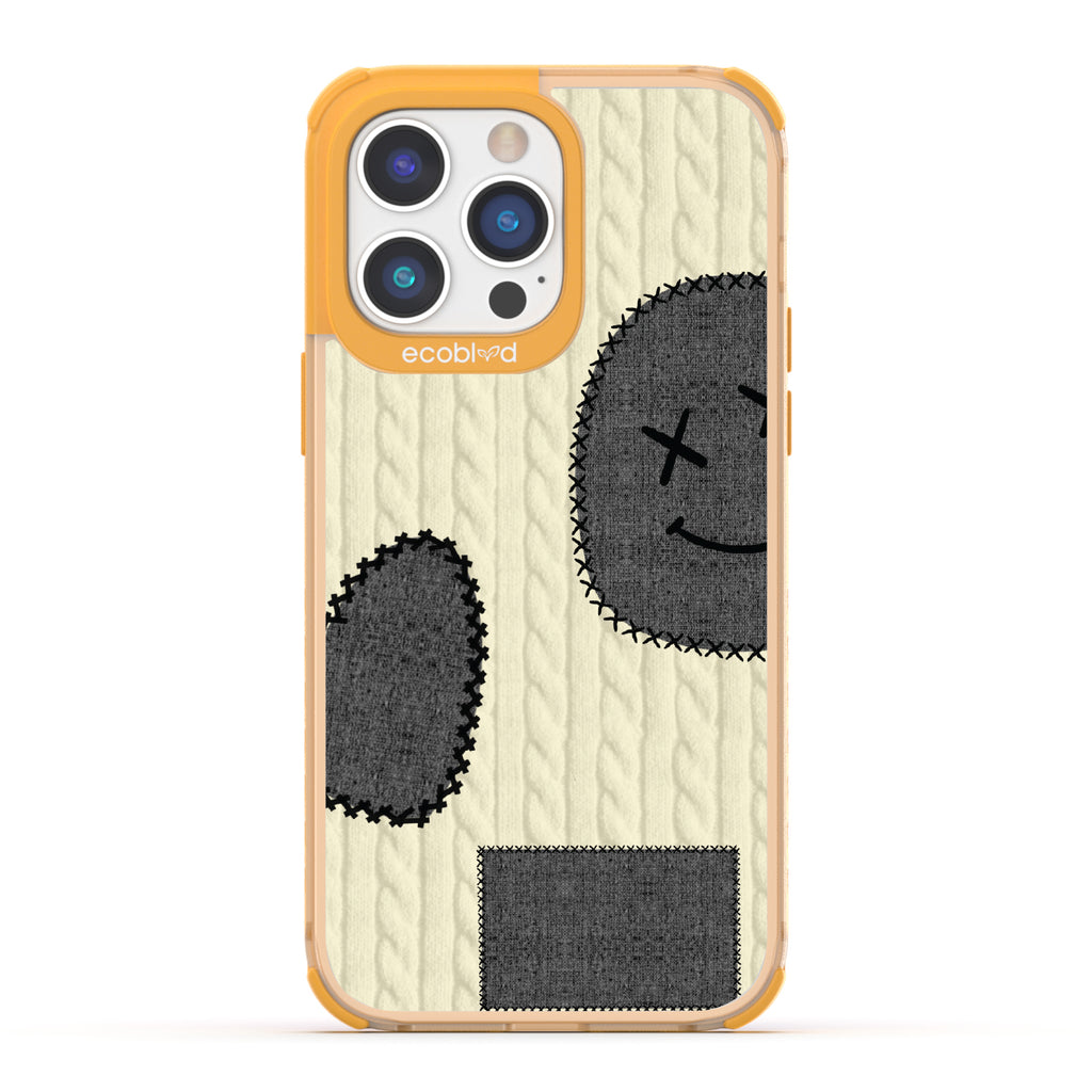 All Patched Up - Cable Knit With Patches of Heart + Happy Face - Eco-Friendly Clear iPhone 14 Pro Case With Yellow Rim