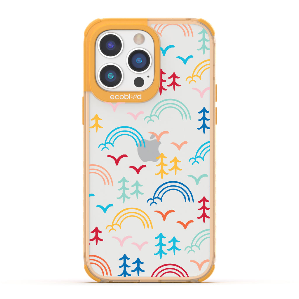  Happy Camper X Brave Trails - Yellow Eco-Friendly iPhone 14 Pro Case with Minimalist Trees, Birds, Rainbows On A Clear Back