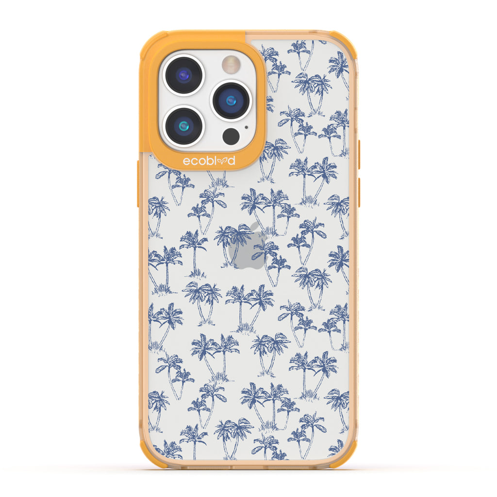 Endless Summer - Yellow Eco-Friendly iPhone 14 Pro Max Case With 50's-Style Blue Palm Trees Print On A Clear Back